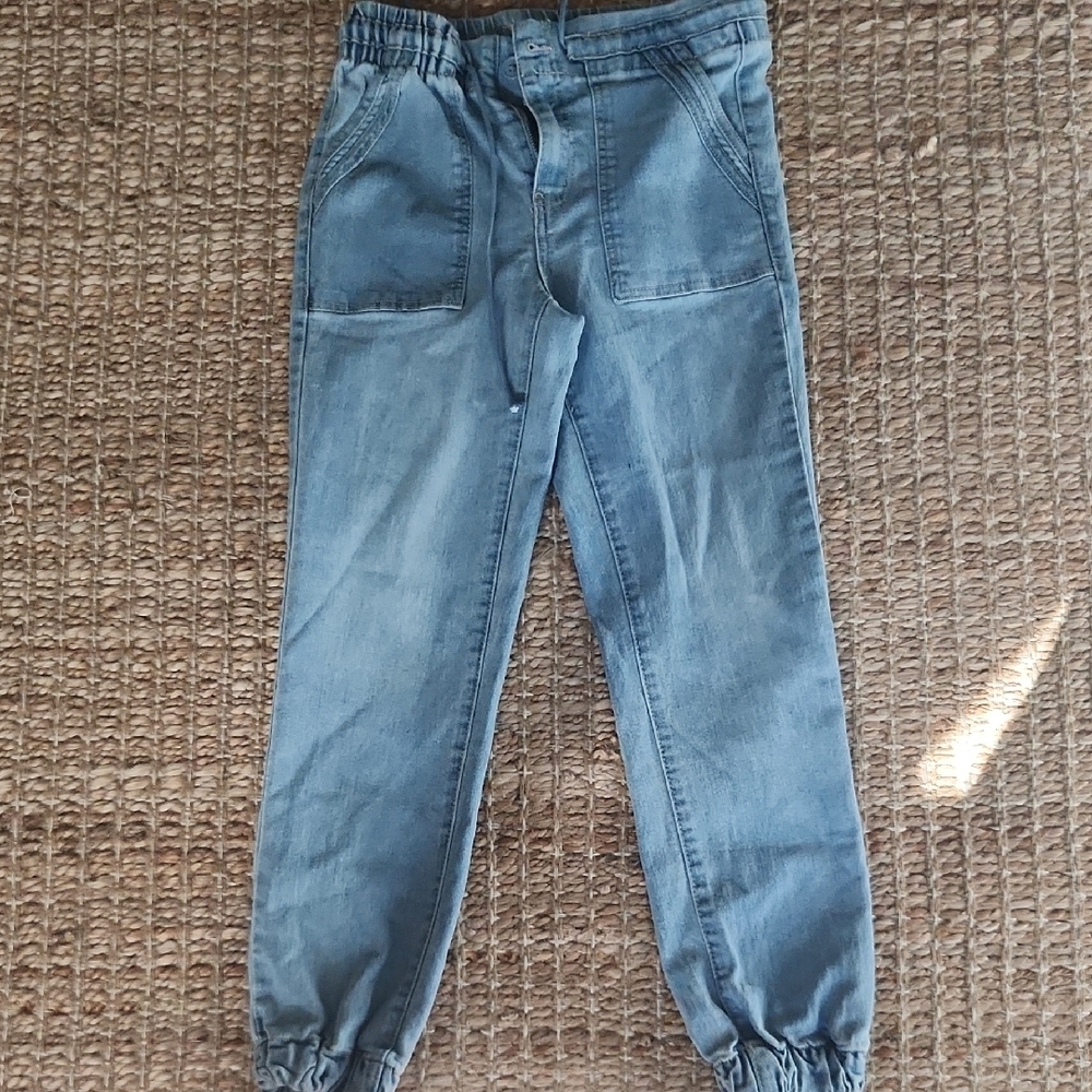 SO Women's Denim Lt Blue Tie Waist Small Jogger Casual Comfy Jeans